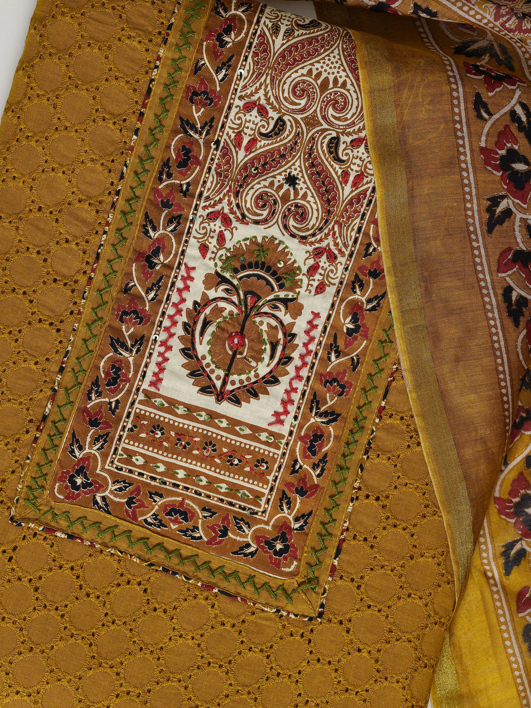 Mustard Printed Cotton Dress Material With Dupatta