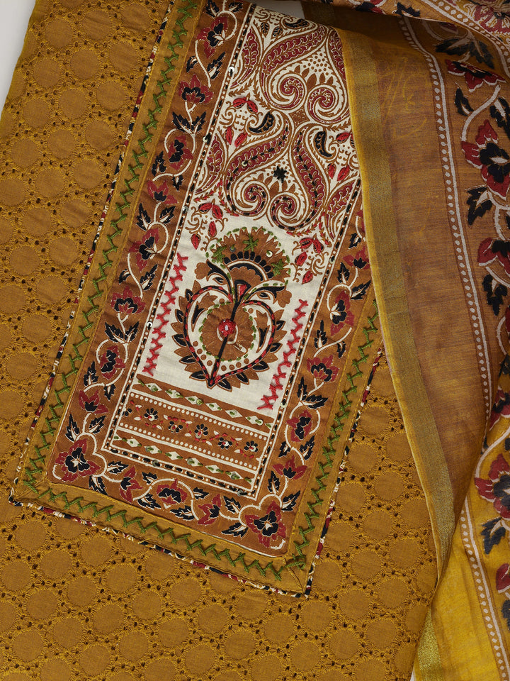 Mustard Printed Cotton Dress Material With Dupatta