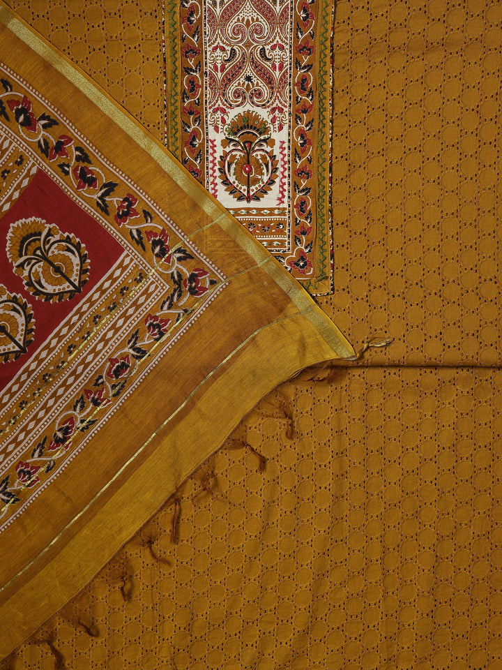 Mustard Printed Cotton Dress Material With Dupatta