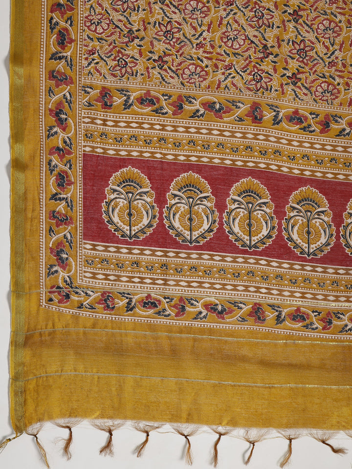 Mustard Printed Cotton Dress Material With Dupatta