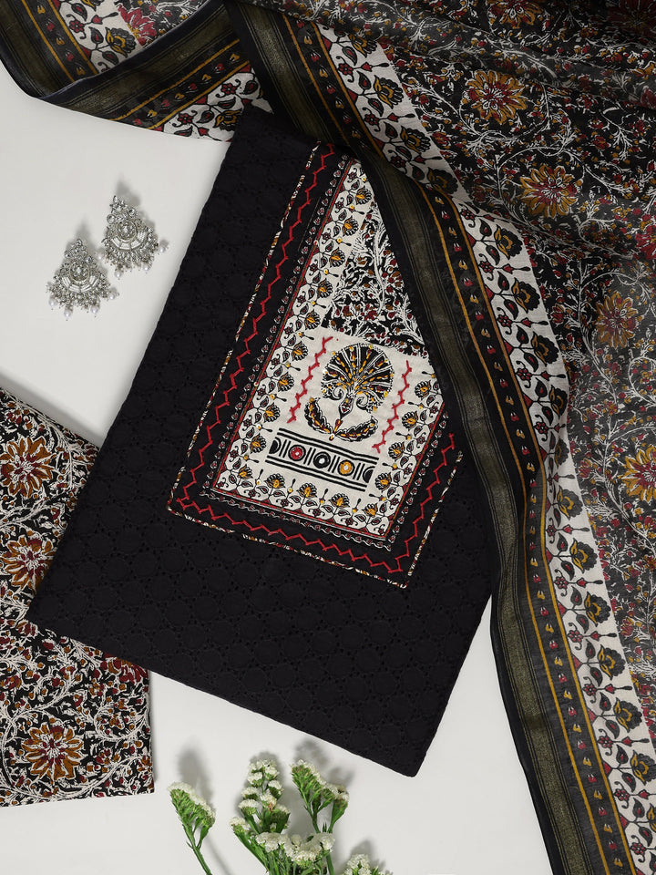 Black Printed Cotton Dress Material With Dupatta