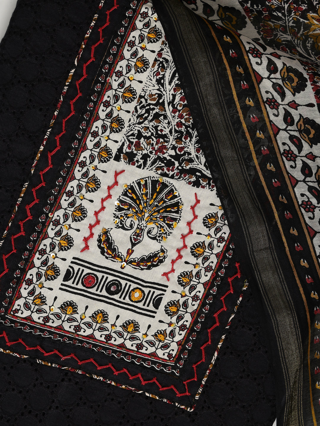 Black Printed Cotton Dress Material With Dupatta