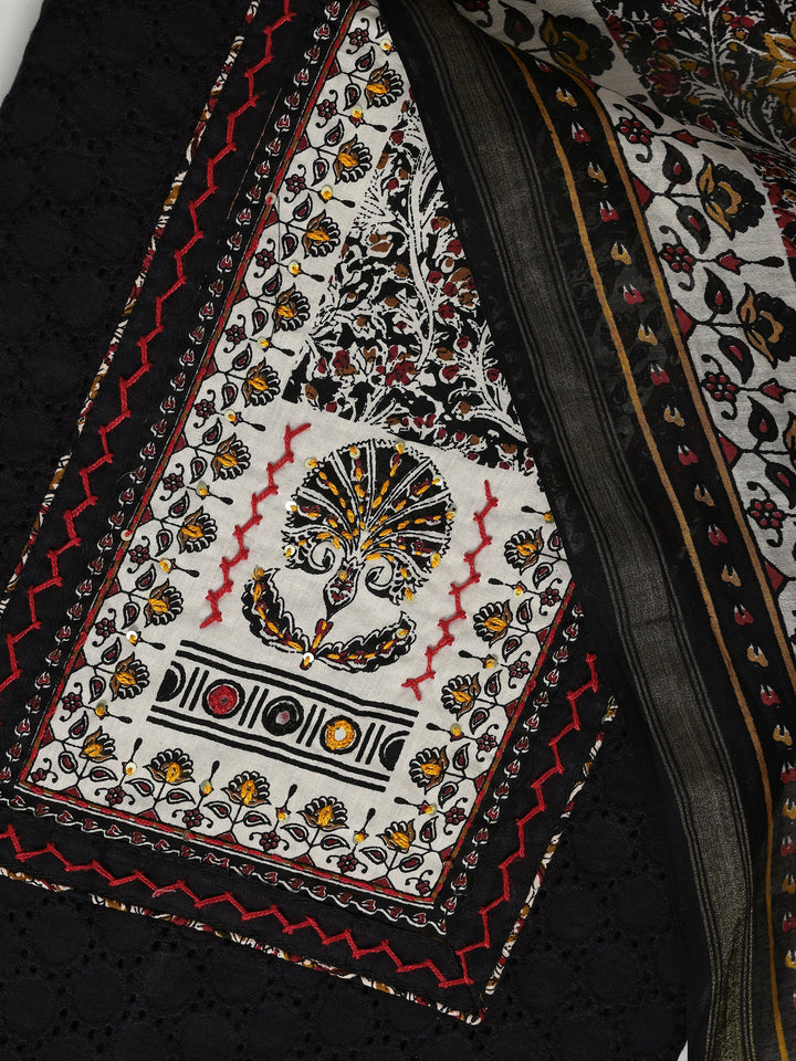 Black Printed Cotton Dress Material With Dupatta