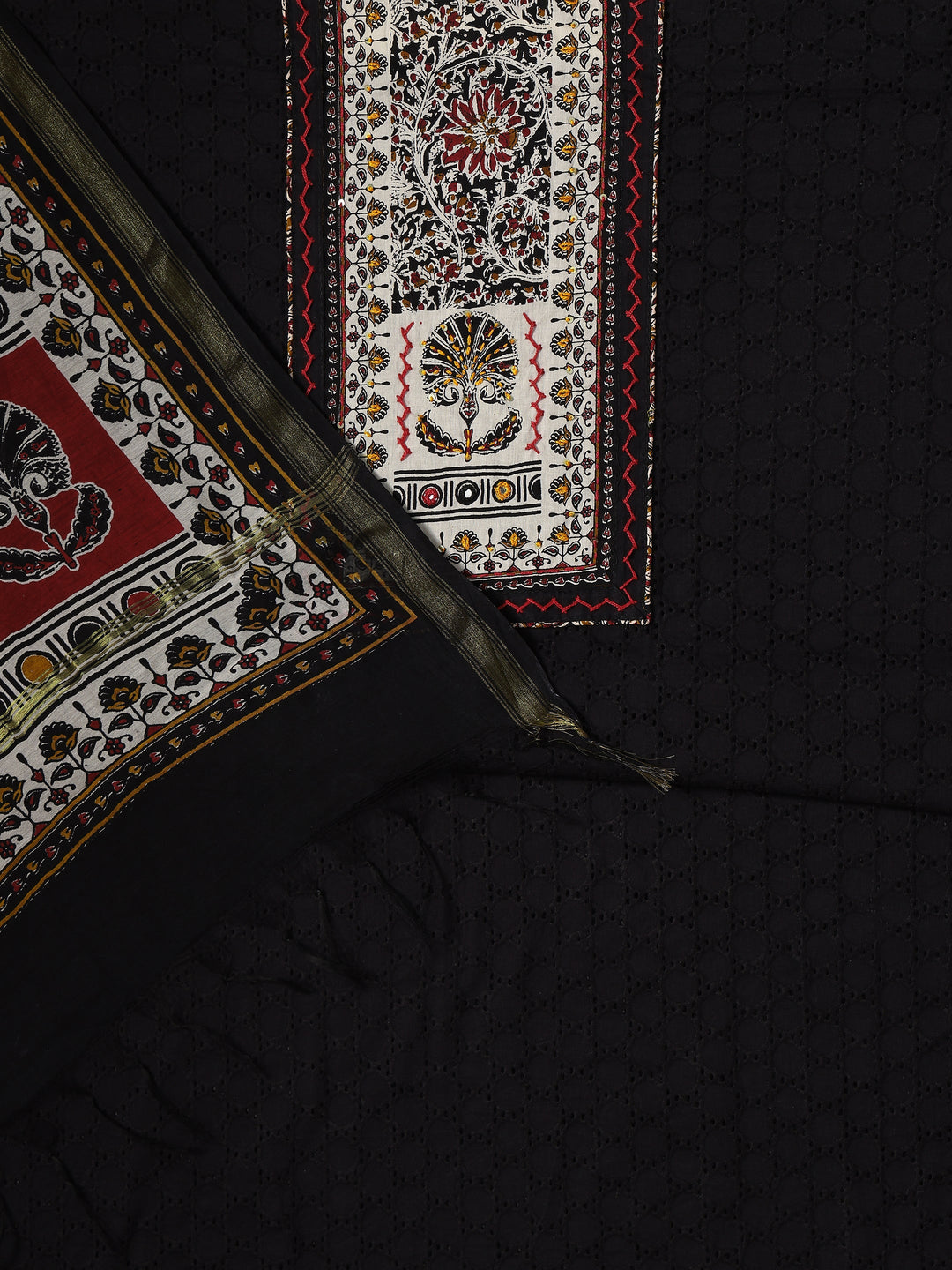Black Printed Cotton Dress Material With Dupatta