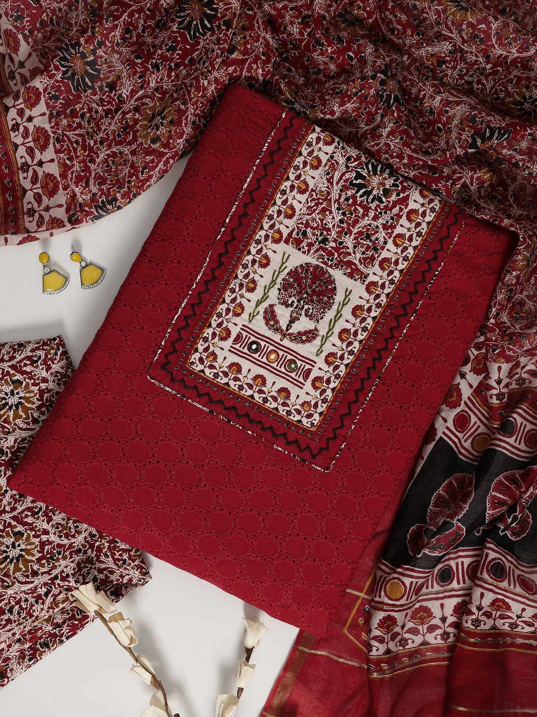 Red Printed Cotton Dress Material With Dupatta