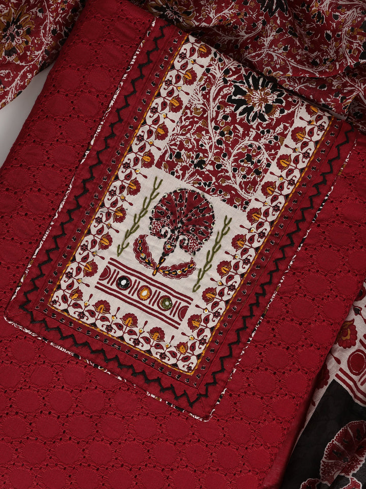 Red Printed Cotton Dress Material With Dupatta