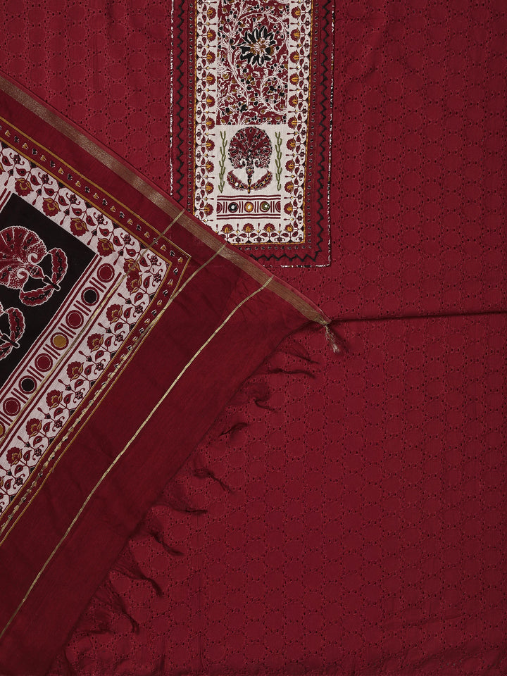 Red Printed Cotton Dress Material With Dupatta