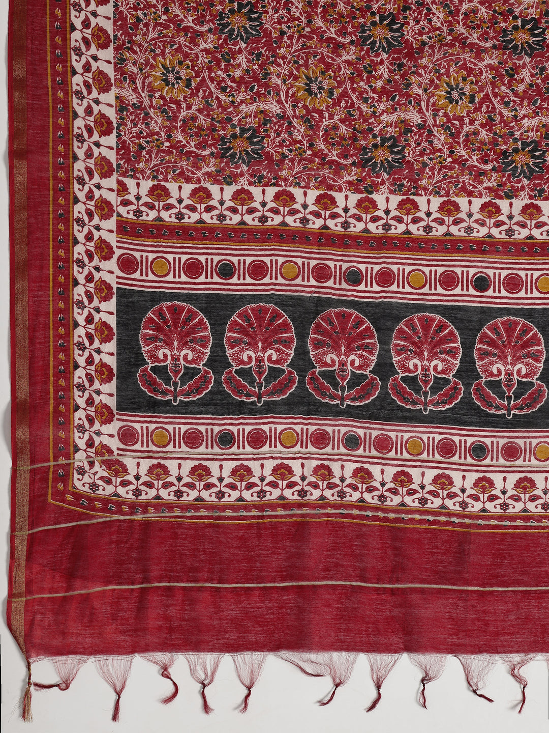 Red Printed Cotton Dress Material With Dupatta