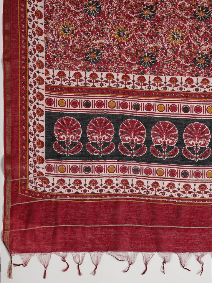 Red Printed Cotton Dress Material With Dupatta