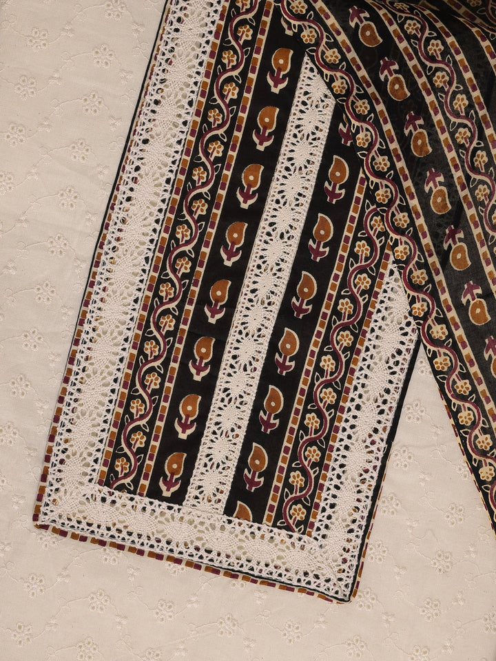 White Embroidered Cotton Dress Material With Dupatta