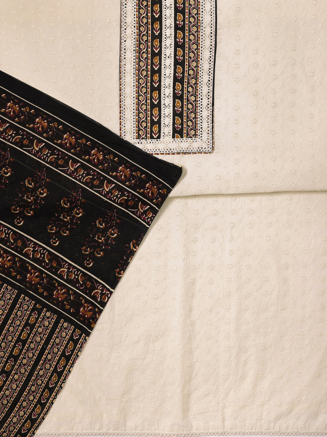 White Embroidered Cotton Dress Material With Dupatta