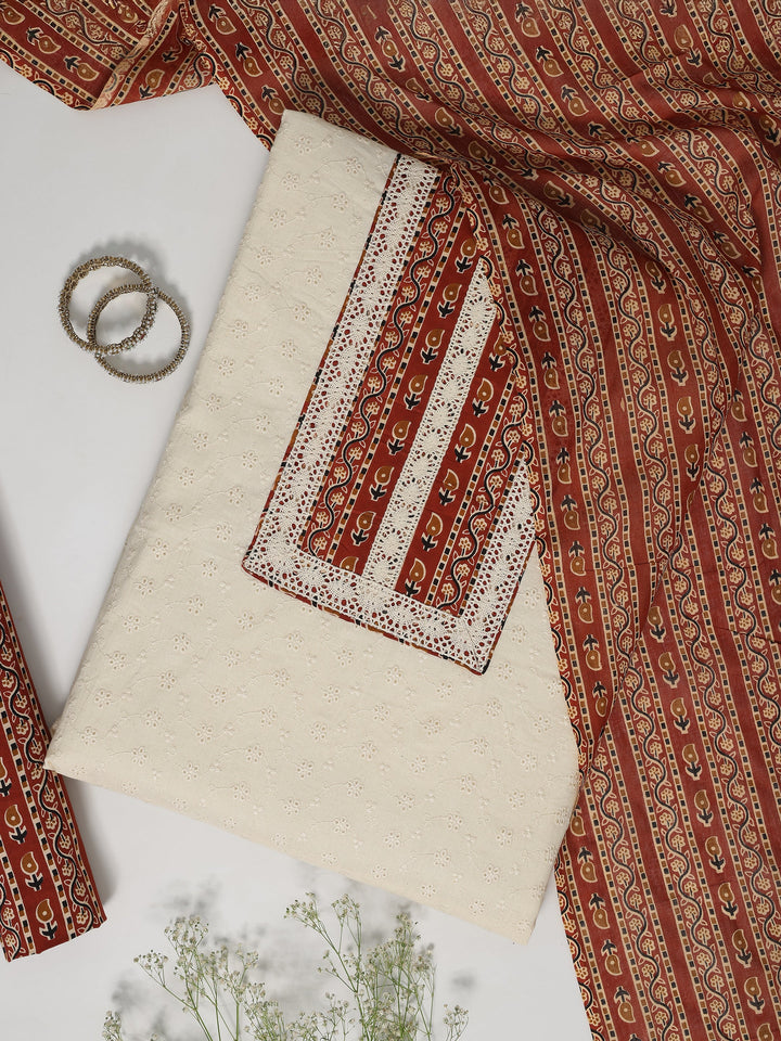 White Embroidered Cotton Dress Material With Dupatta