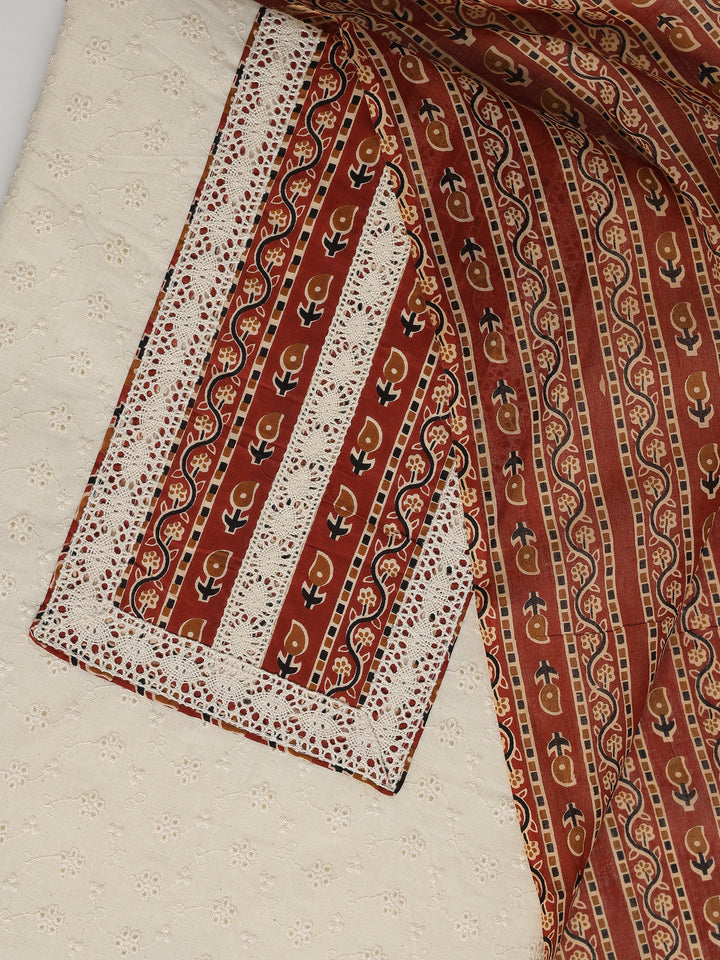 White Embroidered Cotton Dress Material With Dupatta