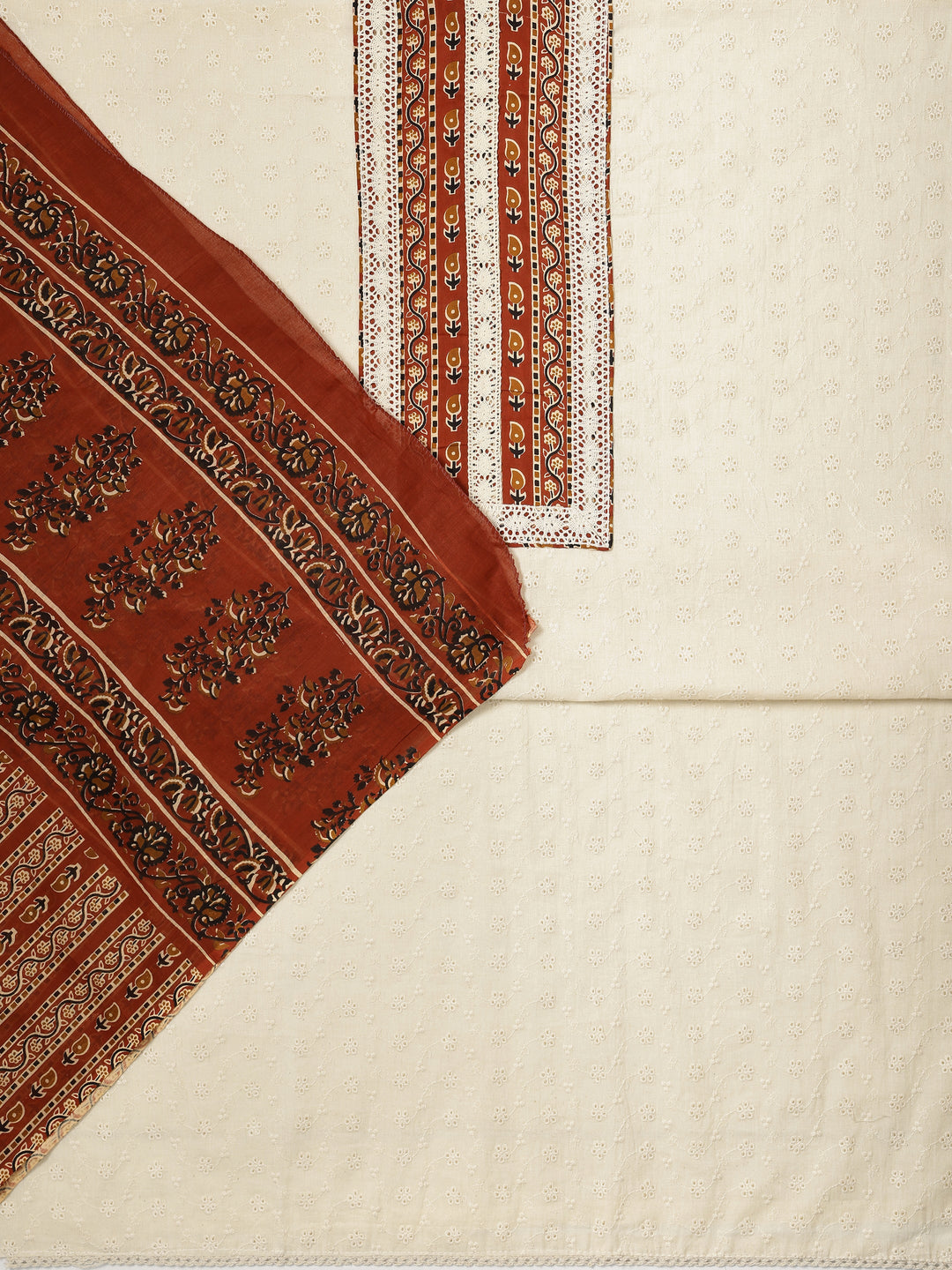 White Embroidered Cotton Dress Material With Dupatta