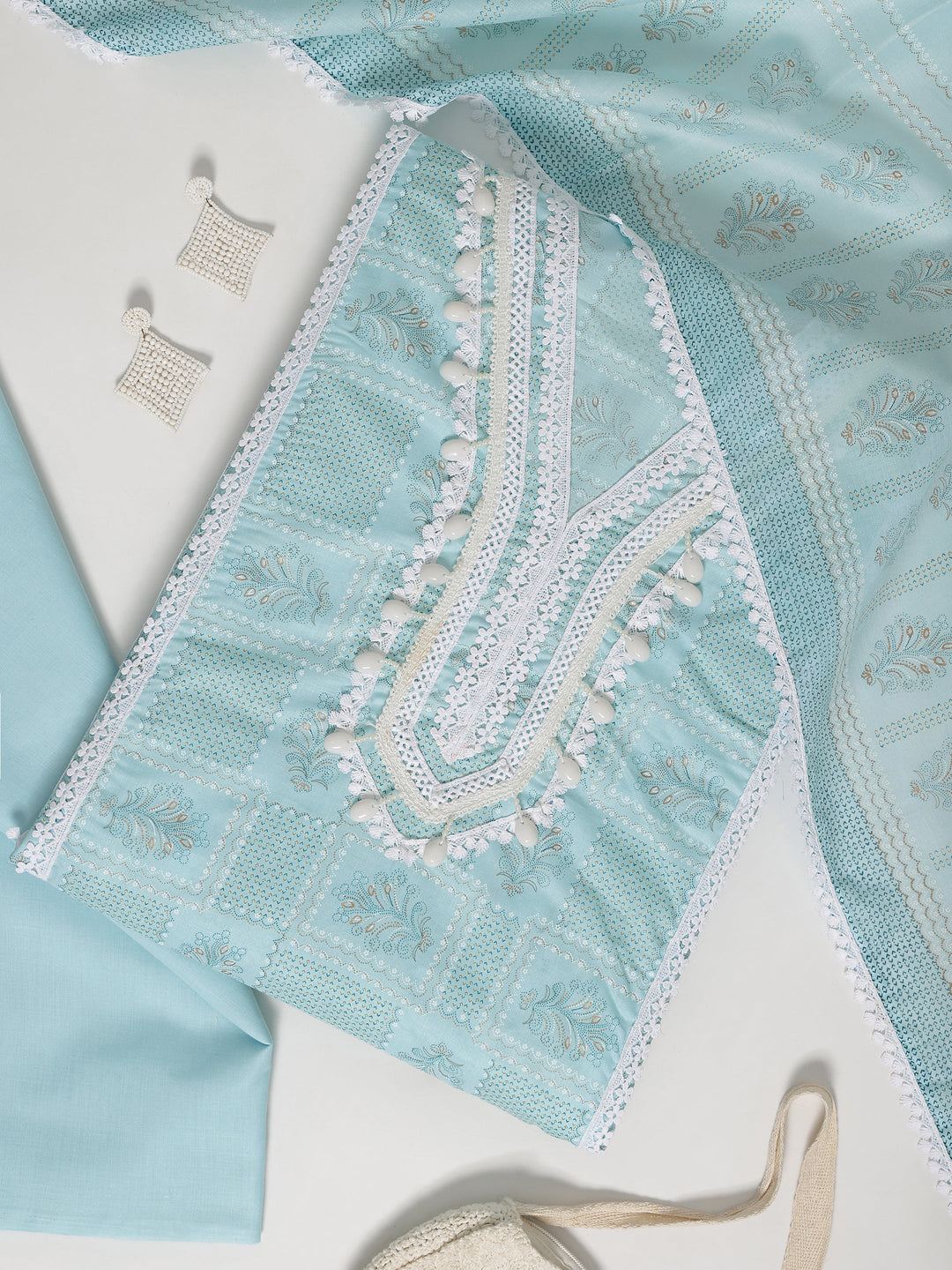 Blue Printed Cotton Blend Dress Material With Dupatta