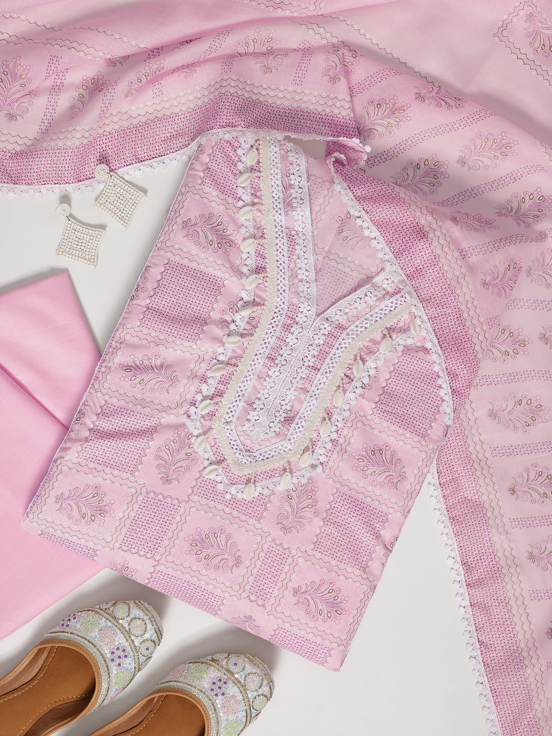 Pink Printed Cotton Blend Dress Material With Dupatta