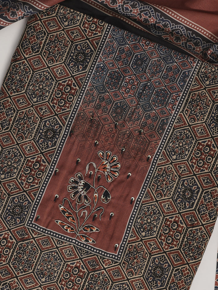 Maroon Printed Cotton Blend Dress Material With Dupatta