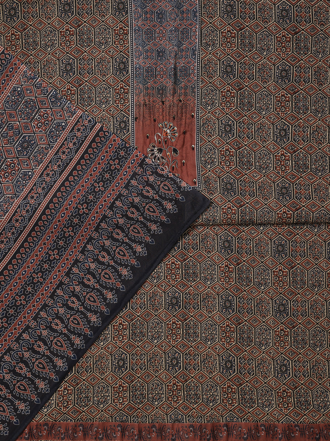 Maroon Printed Cotton Blend Dress Material With Dupatta