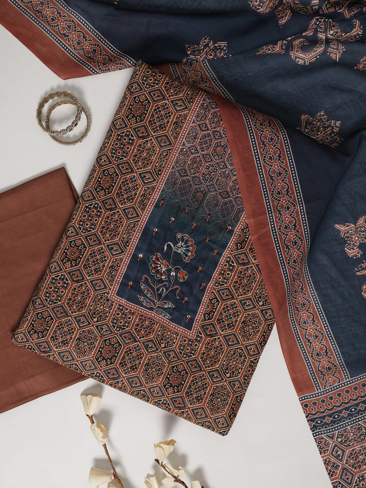 Brown Printed Cotton Blend Dress Material With Dupatta