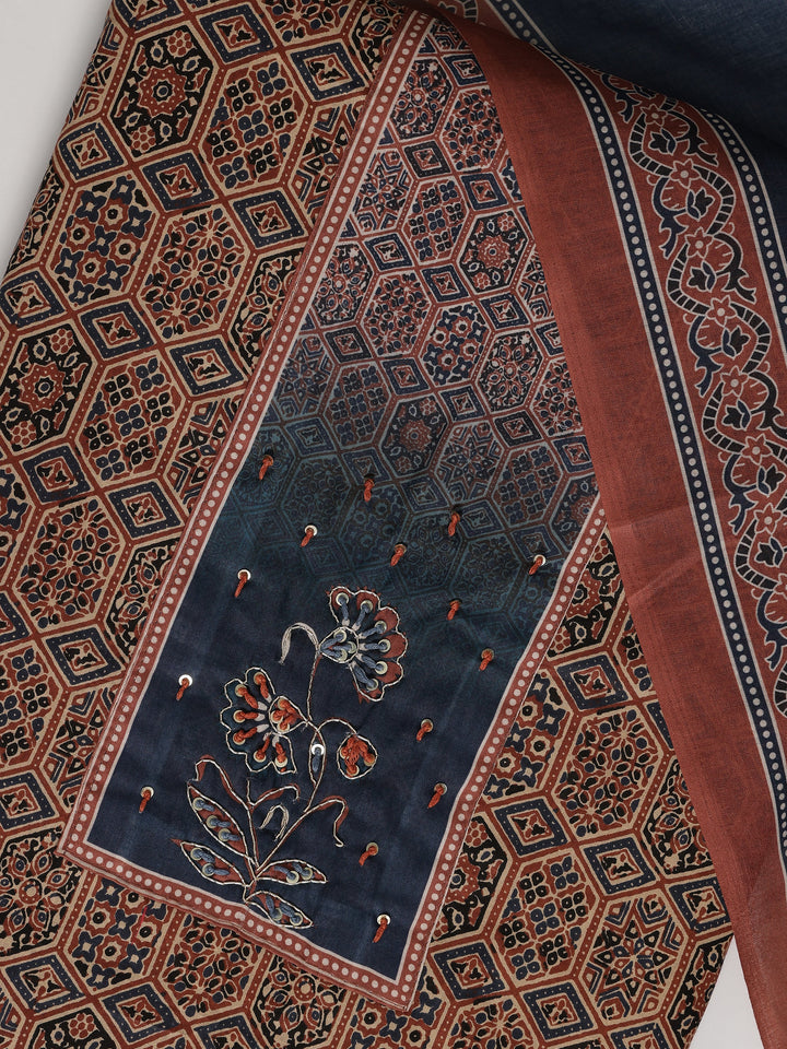 Brown Printed Cotton Blend Dress Material With Dupatta