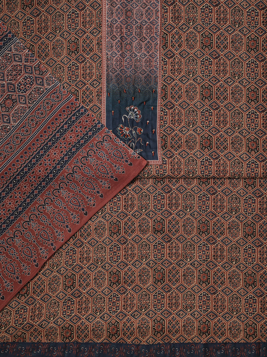 Brown Printed Cotton Blend Dress Material With Dupatta