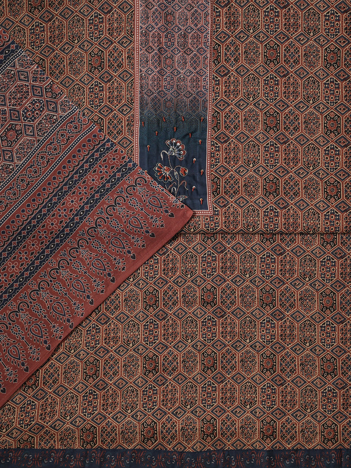 Brown Printed Cotton Blend Dress Material With Dupatta