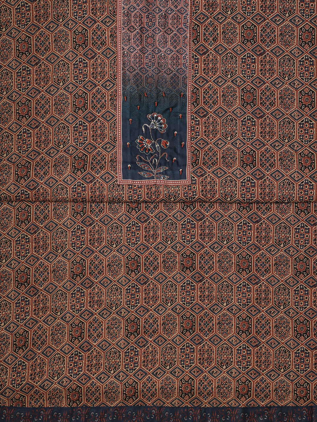 Brown Printed Cotton Blend Dress Material With Dupatta