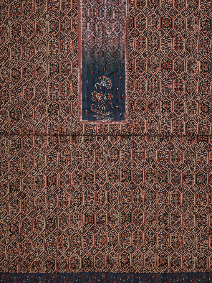 Brown Printed Cotton Blend Dress Material With Dupatta