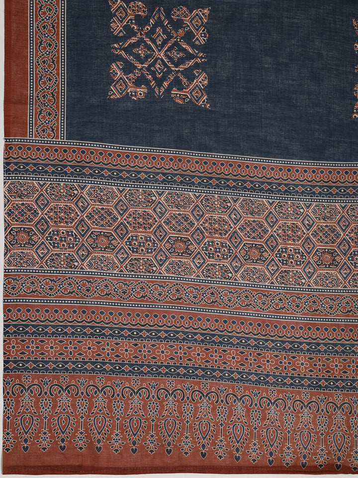 Brown Printed Cotton Blend Dress Material With Dupatta