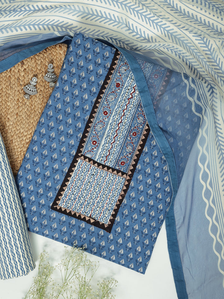 Blue Printed Cotton Dress Material With Dupatta