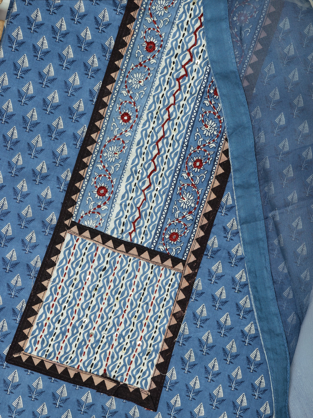 Blue Printed Cotton Dress Material With Dupatta