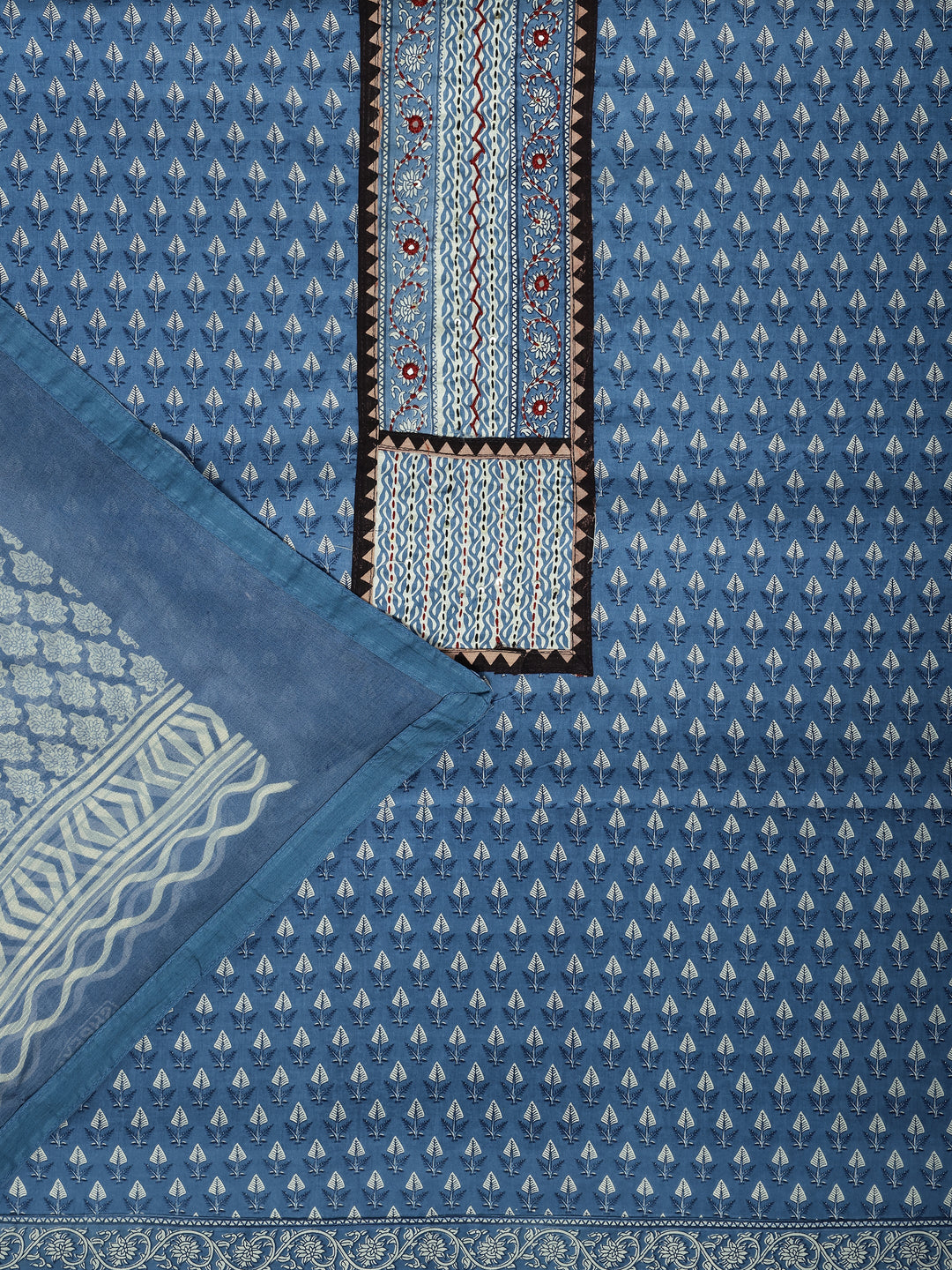 Blue Printed Cotton Dress Material With Dupatta