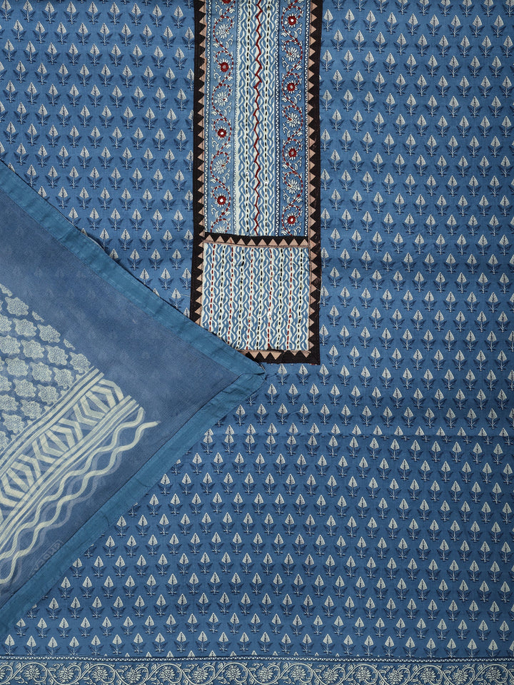 Blue Printed Cotton Dress Material With Dupatta