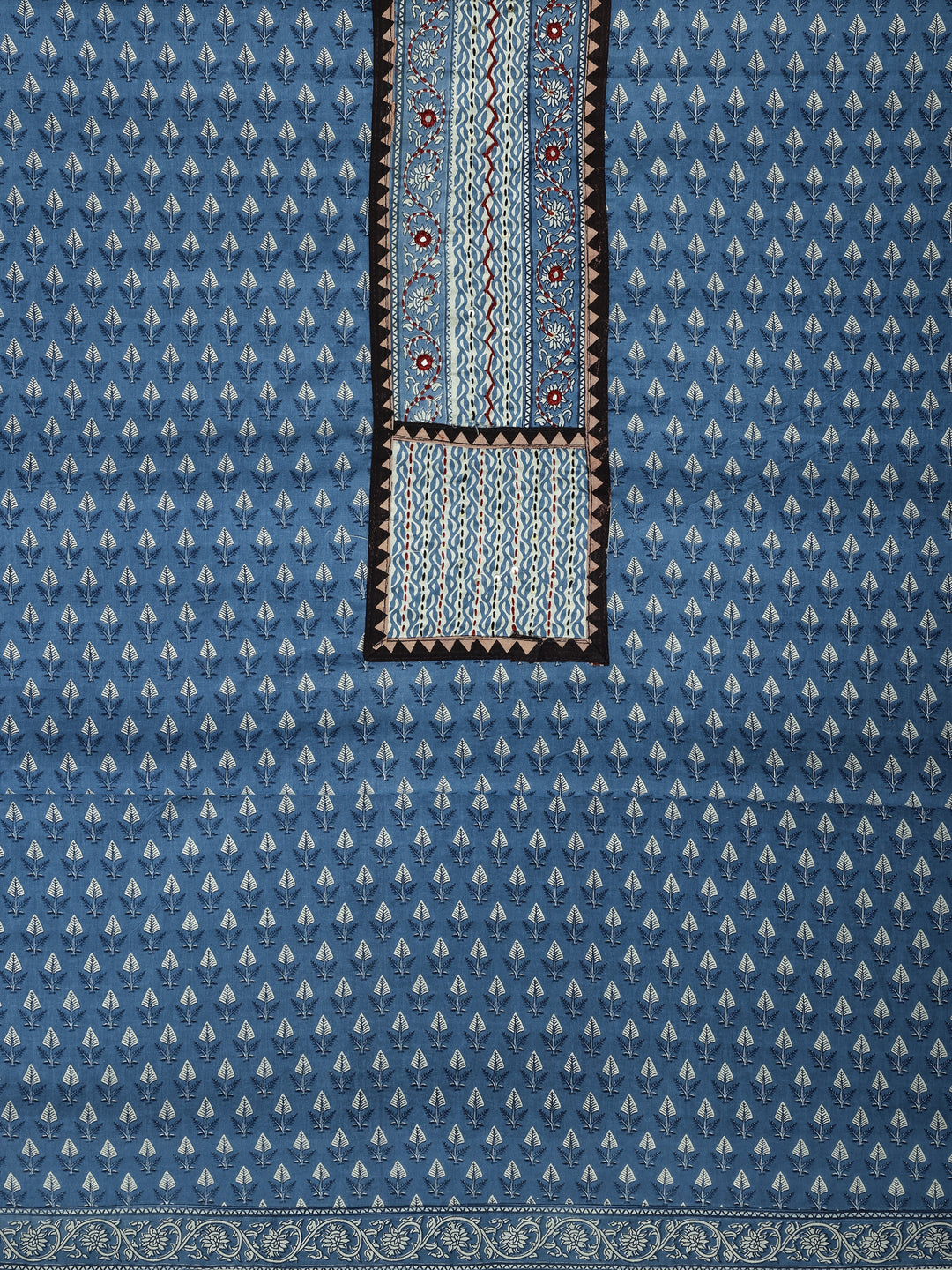 Blue Printed Cotton Dress Material With Dupatta