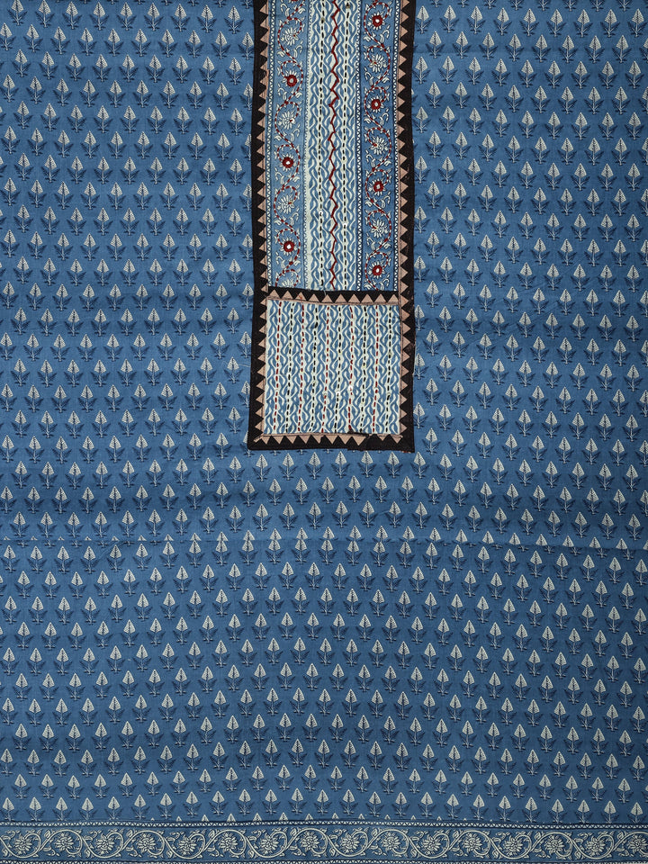 Blue Printed Cotton Dress Material With Dupatta