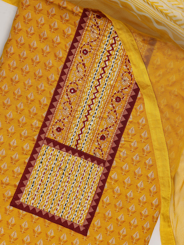 Mustard Printed Cotton Dress Material With Dupatta