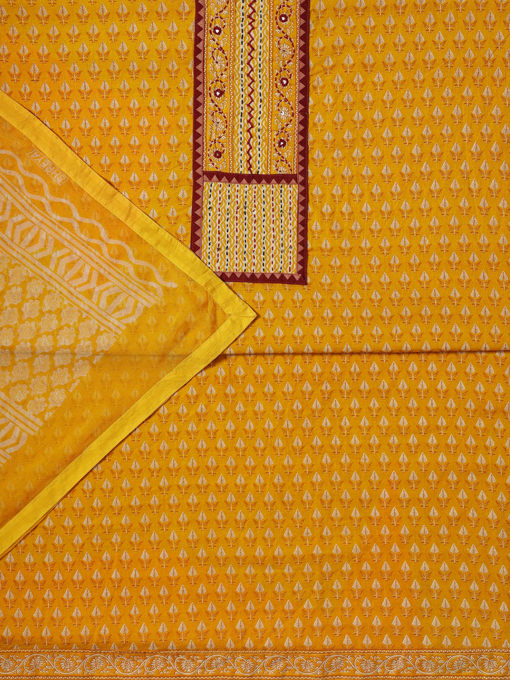 Mustard Printed Cotton Dress Material With Dupatta