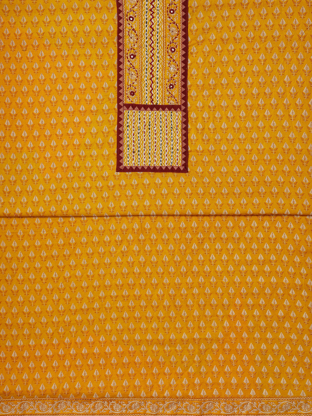 Mustard Printed Cotton Dress Material With Dupatta