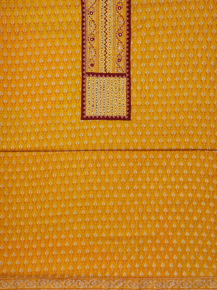 Mustard Printed Cotton Dress Material With Dupatta