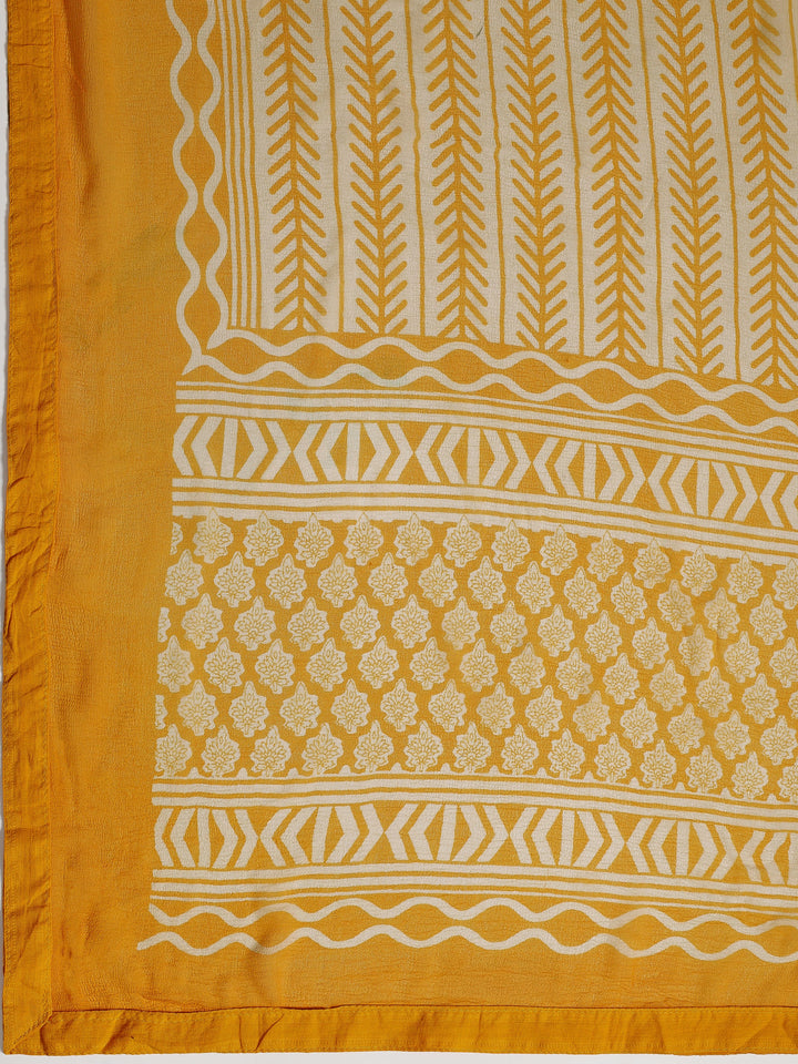 Mustard Printed Cotton Dress Material With Dupatta