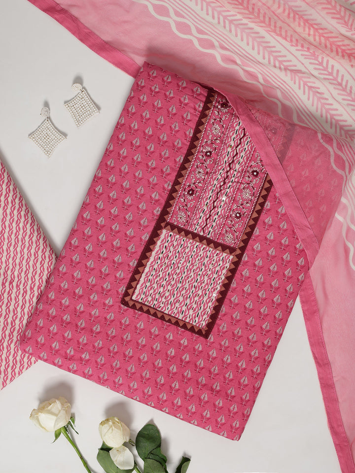 Pink Printed Cotton Dress Material With Dupatta