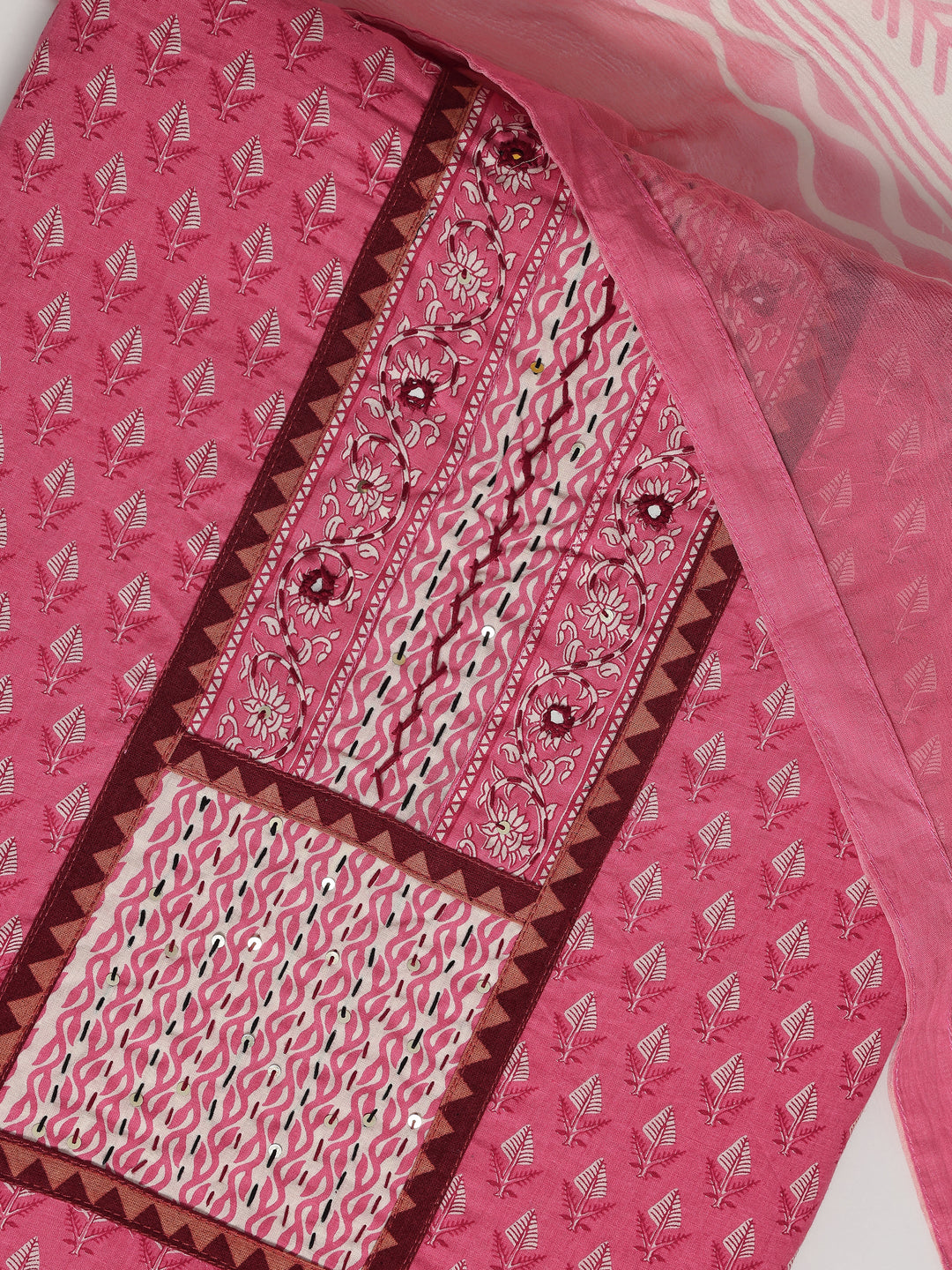 Pink Printed Cotton Dress Material With Dupatta