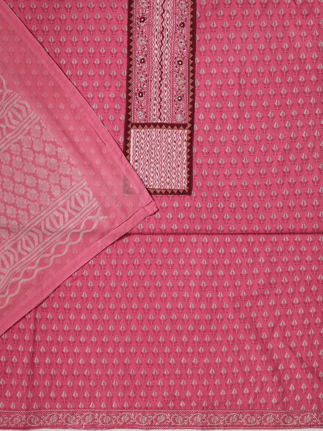 Pink Printed Cotton Dress Material With Dupatta