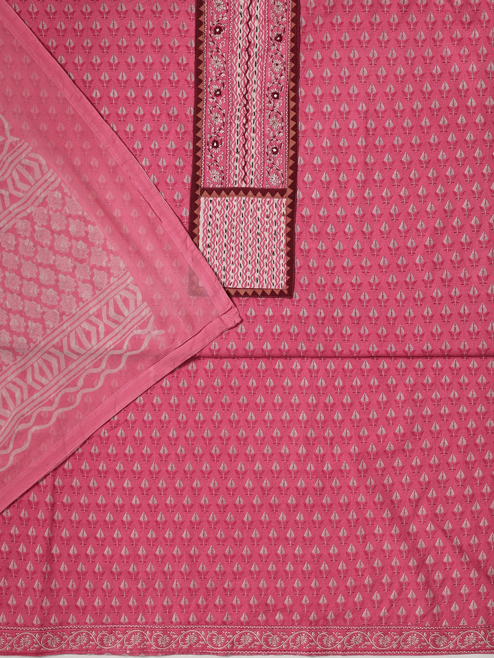 Pink Printed Cotton Dress Material With Dupatta