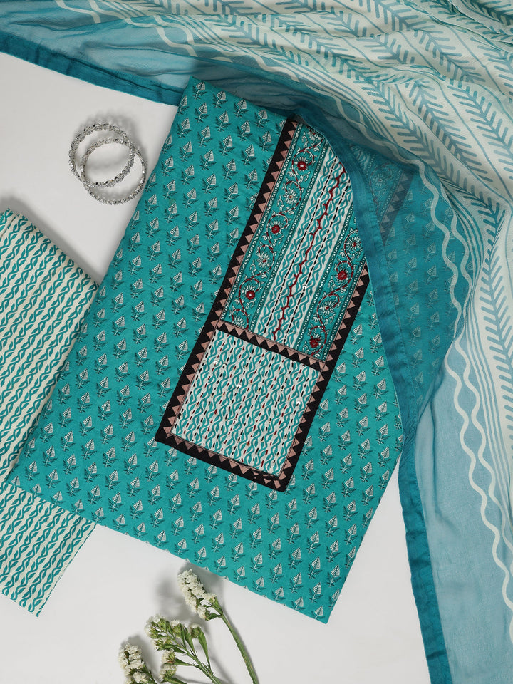 Turquoise blue Printed Cotton Dress Material With Dupatta