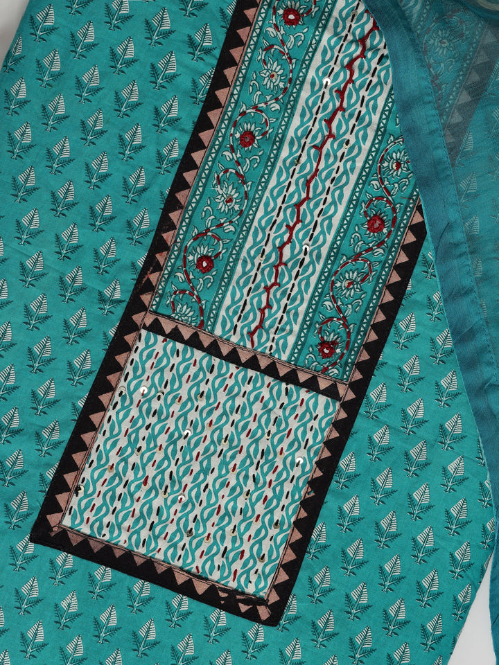 Turquoise blue Printed Cotton Dress Material With Dupatta