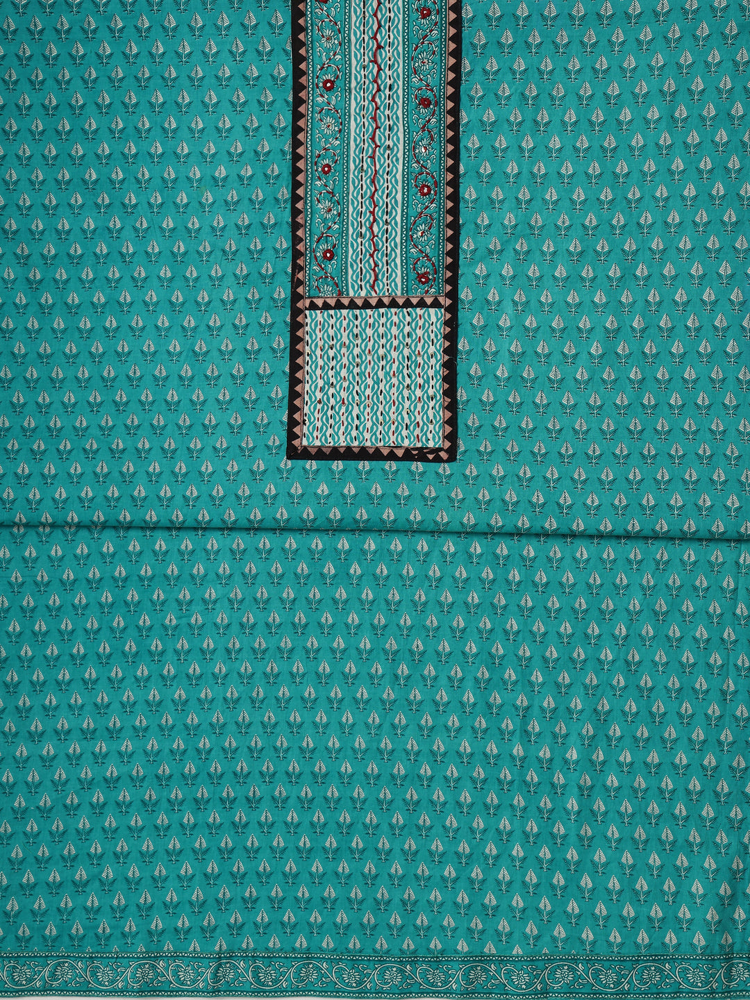 Turquoise blue Printed Cotton Dress Material With Dupatta