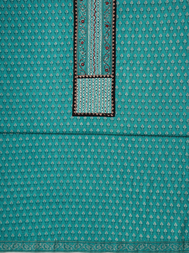 Turquoise blue Printed Cotton Dress Material With Dupatta