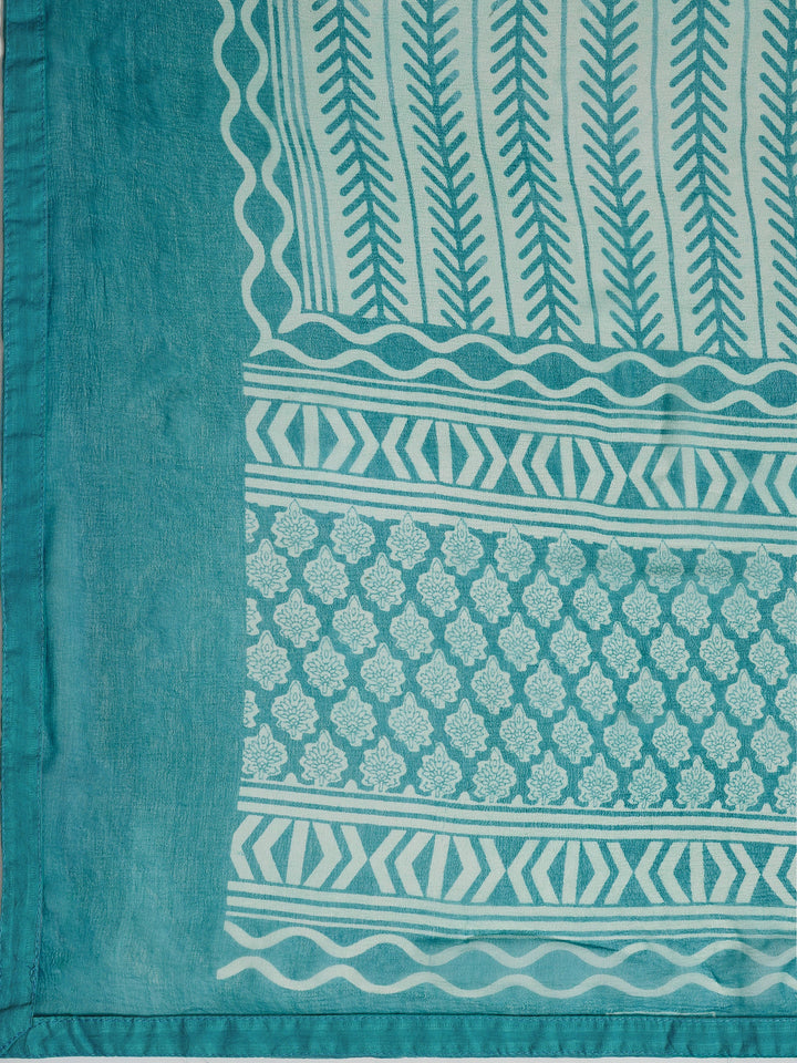 Turquoise blue Printed Cotton Dress Material With Dupatta