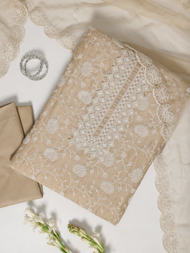 Beige Embroidered Silk blend Dress Material With Dupatta